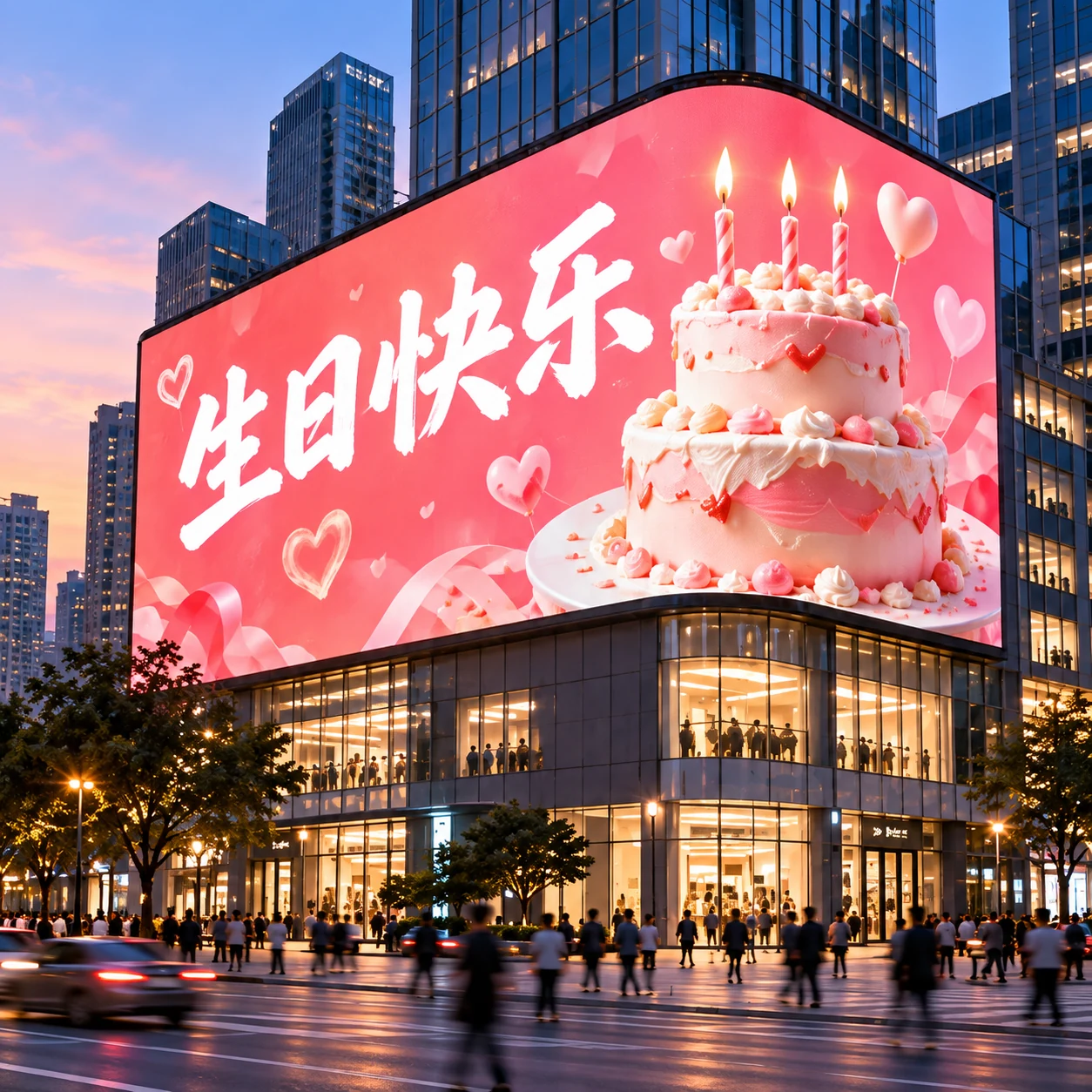 生日祝福效果示意:粉色城市大屏上展示生日蛋糕和生日快乐祝福