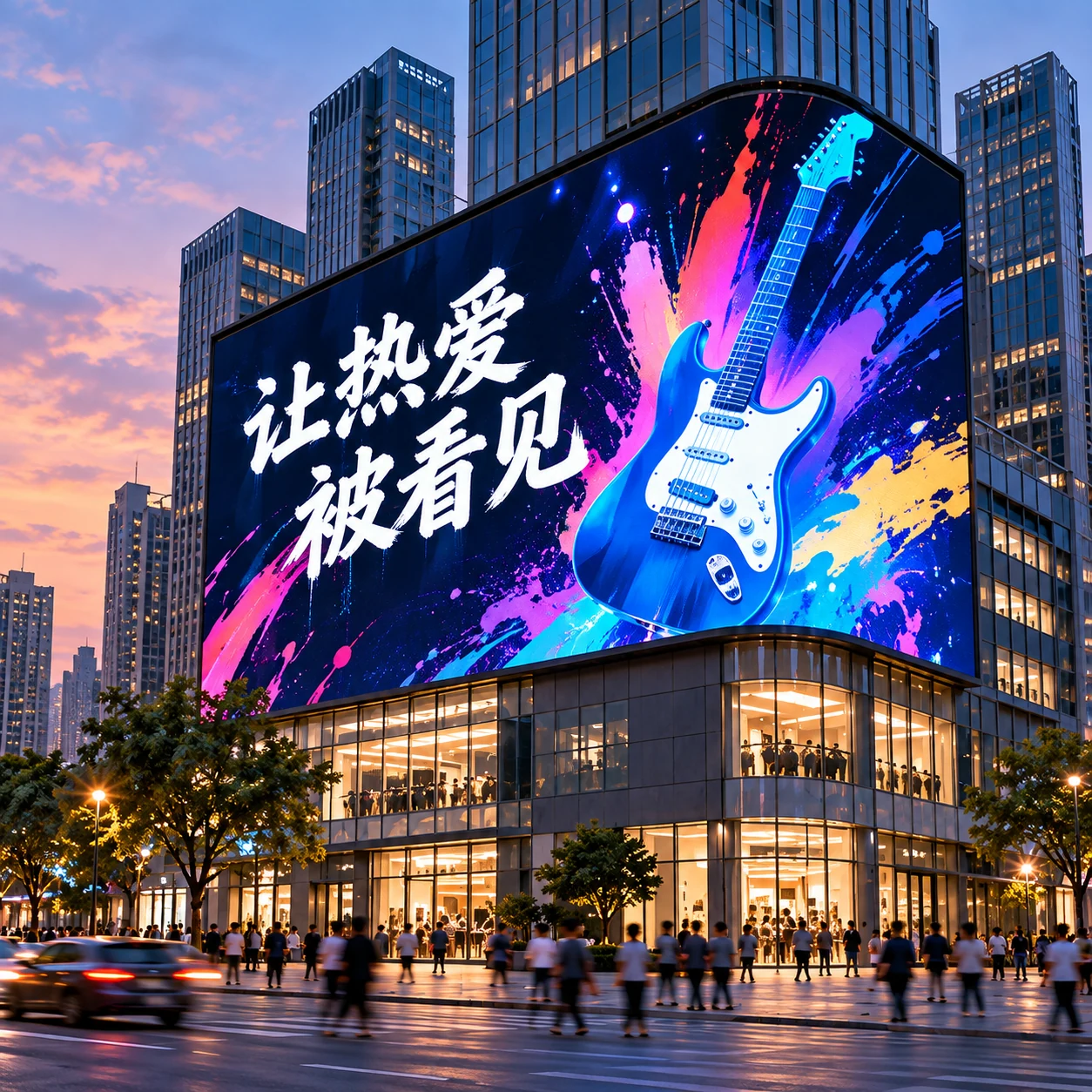 活动宣传效果示意:城市大屏上展示彩色吉他活动海报