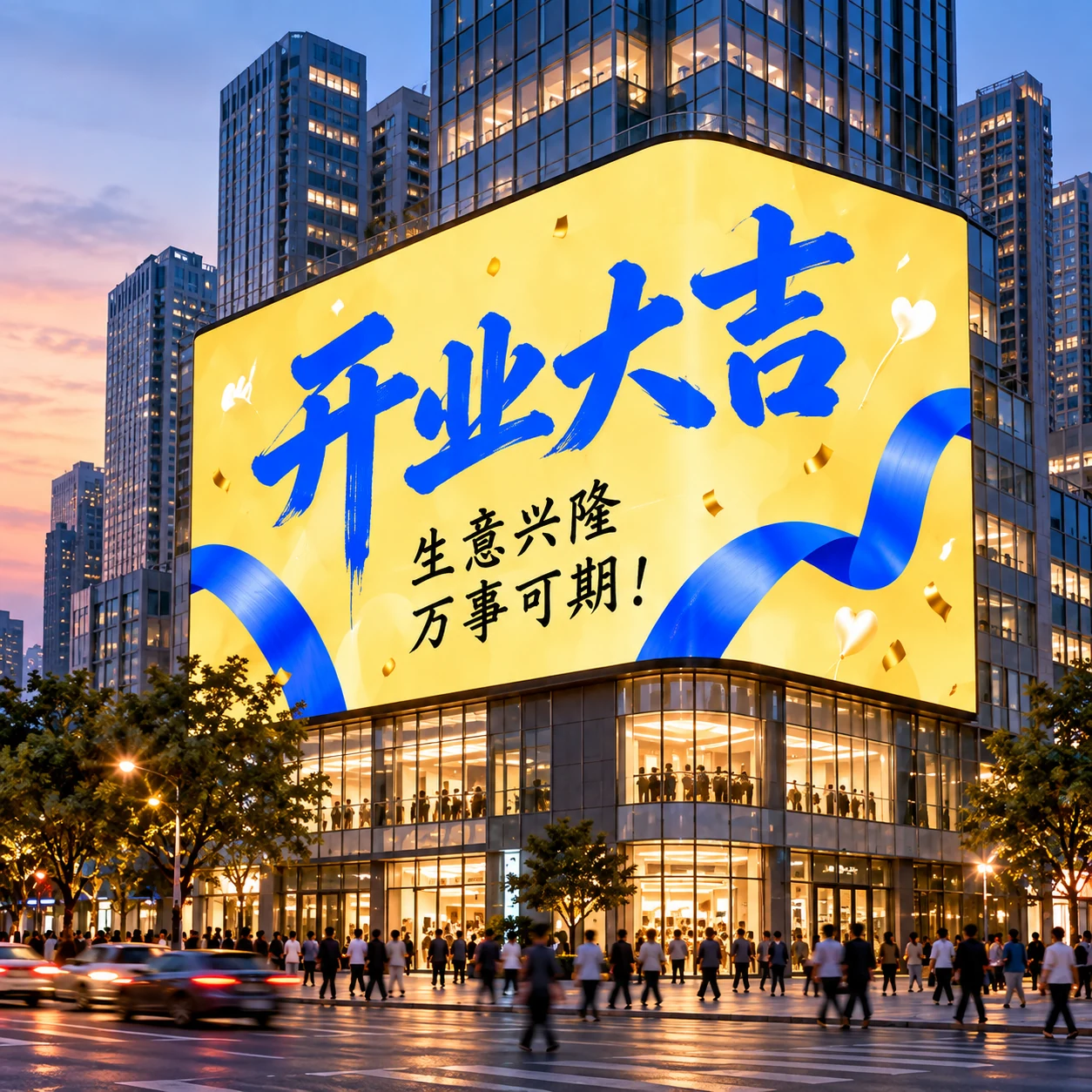 商家开业效果示意:明黄色大屏上展示开业大吉和蓝色飘带